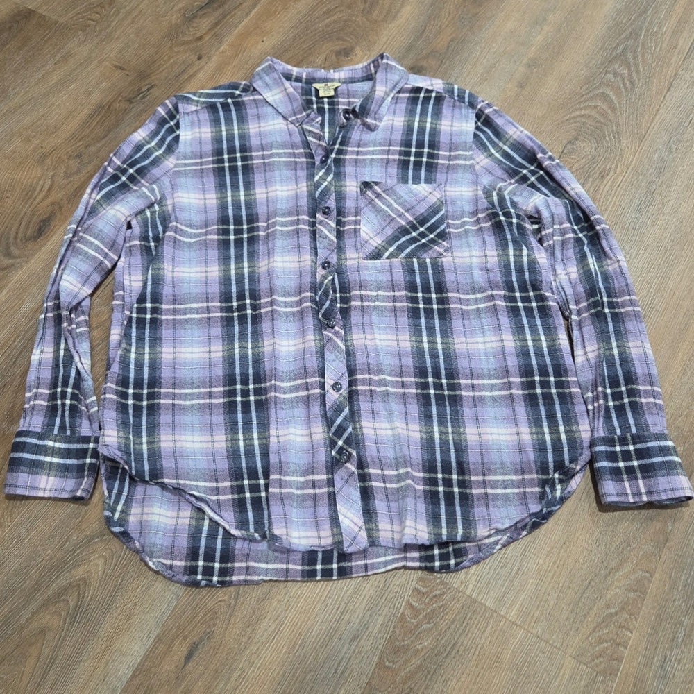 Woolrich Purple Plaid Flannel Button Down Shirt Womens XL Long Sleeve Navy Blue
